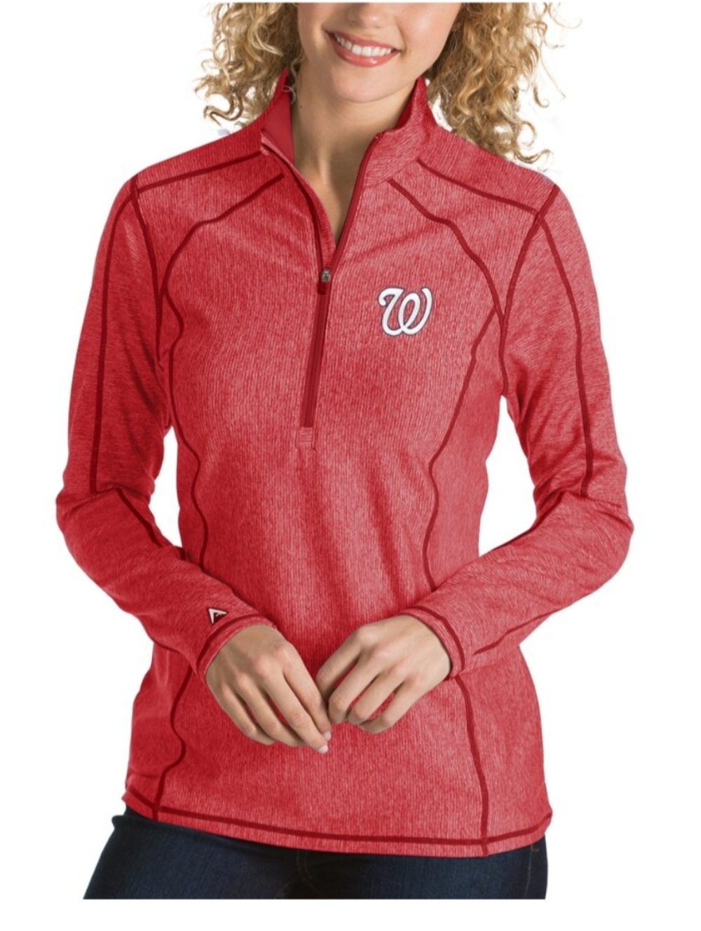 Women's Washington Nationals Antigua Heathered Red Tempo Desert Dry 1/4-Zip Lrg